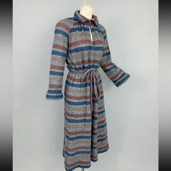 VTG Missoni 70s 80s wool stripe collared maxi dress 42 medium POCKETS - Picture 4 of 16
